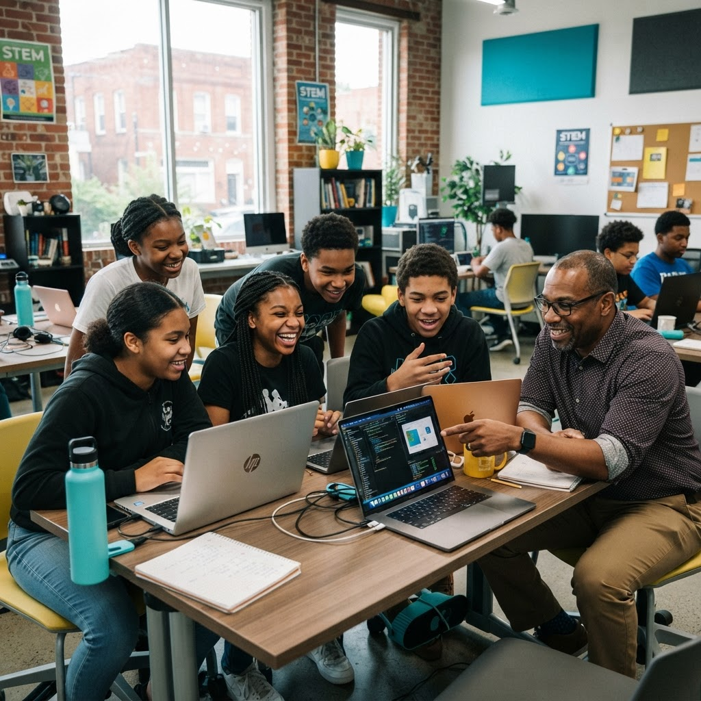 Students and a mentor collaborating around laptops in a technology learning lab